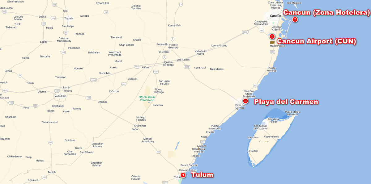Riviera Maya map showing Cancun, Tulum and Playa del Carmen locations