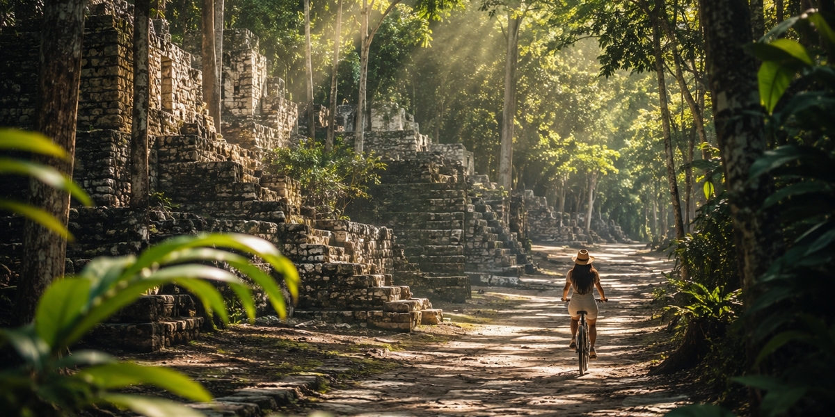 Jungle path and partly excavated stone structure at the Cob&aacute; archaeological site