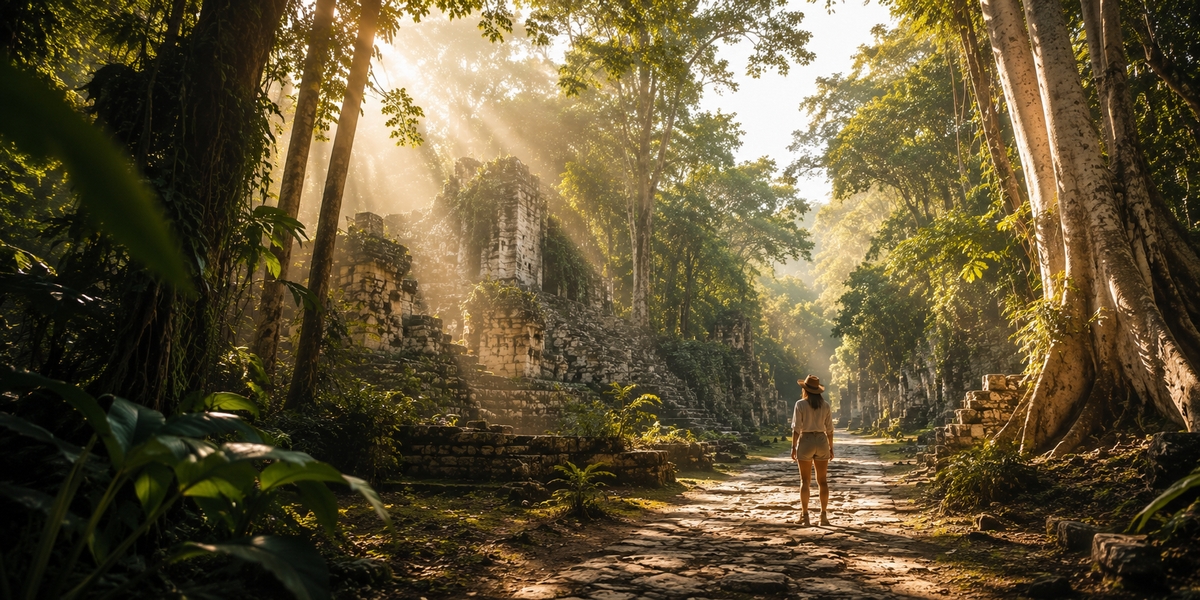 Stone temple structures among trees at a Maya archaeological site, used to compare Cob&aacute; with Chichen Itza and Tulum