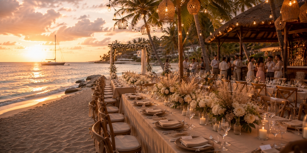 Cancun Hotel Zone resort set up for a wedding reception by the pool and beach