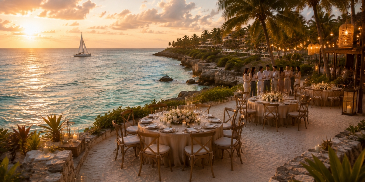 Eco-chic Tulum beach venue with bohemian decor set up for a wedding