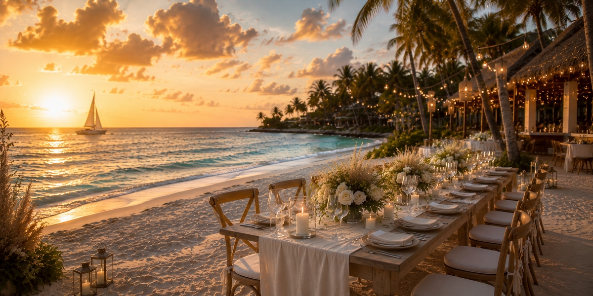 Destination wedding reception table setup illustrating budget planning in the Riviera Maya