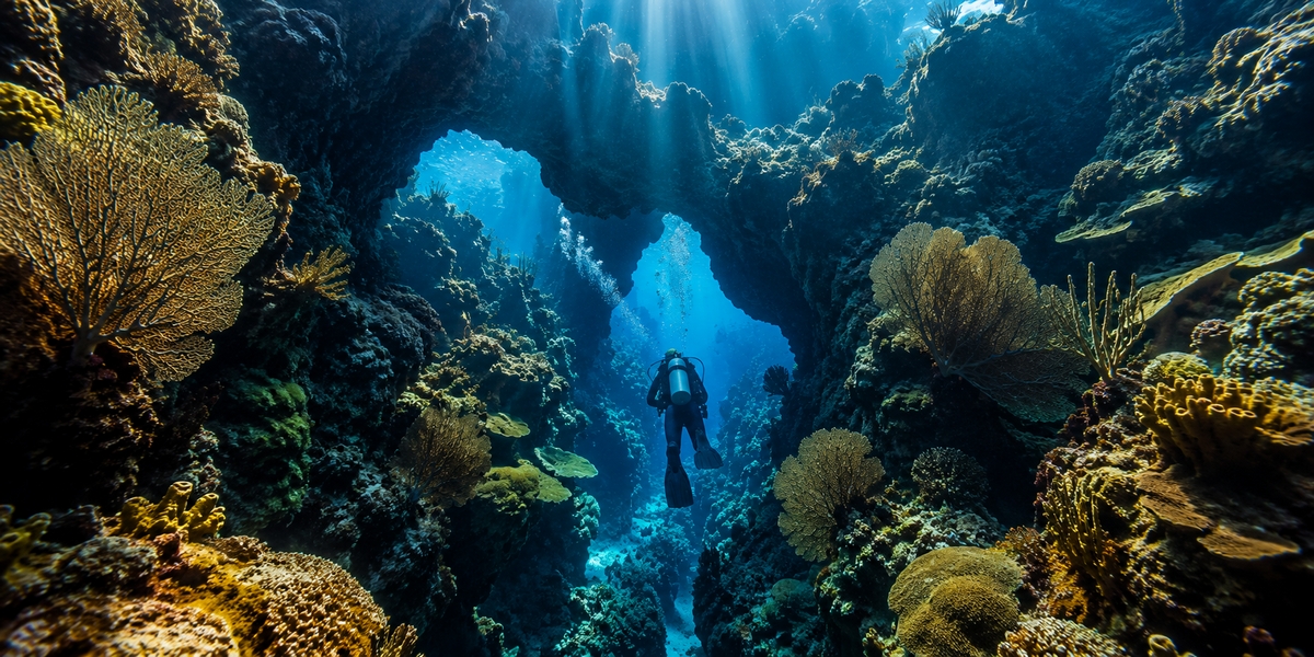 Coral pinnacles and sponges on a Cozumel reef with fish in clear water