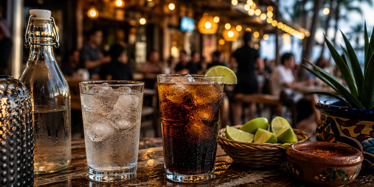 Drinks and bottled beverages at a Mexican beach restaurant, illustrating safe drink choices