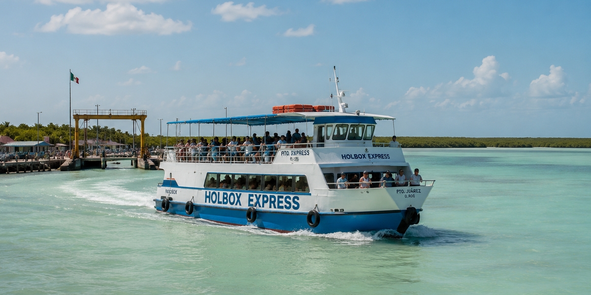Passenger ferry crossing the shallow lagoon between Chiquila and Holbox Island