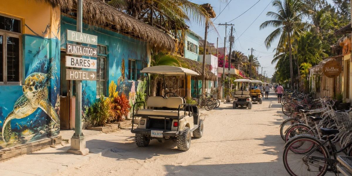 Sandy main street of Holbox village with golf carts, bicycles and colorful murals