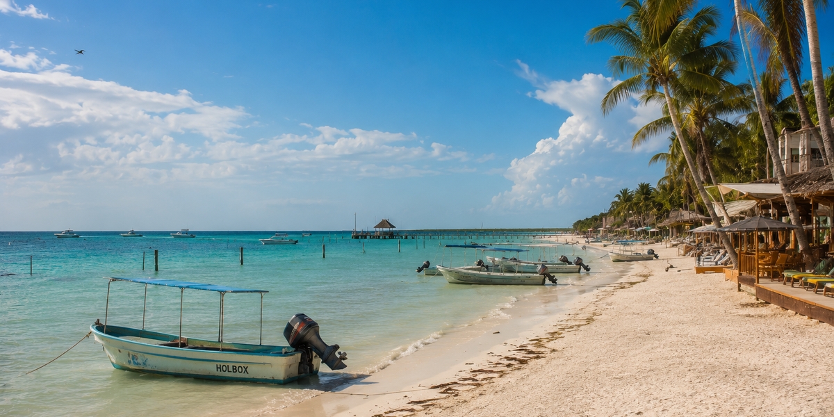 Wide shallow sandbar at Holbox at low tide with people wading far from shore
