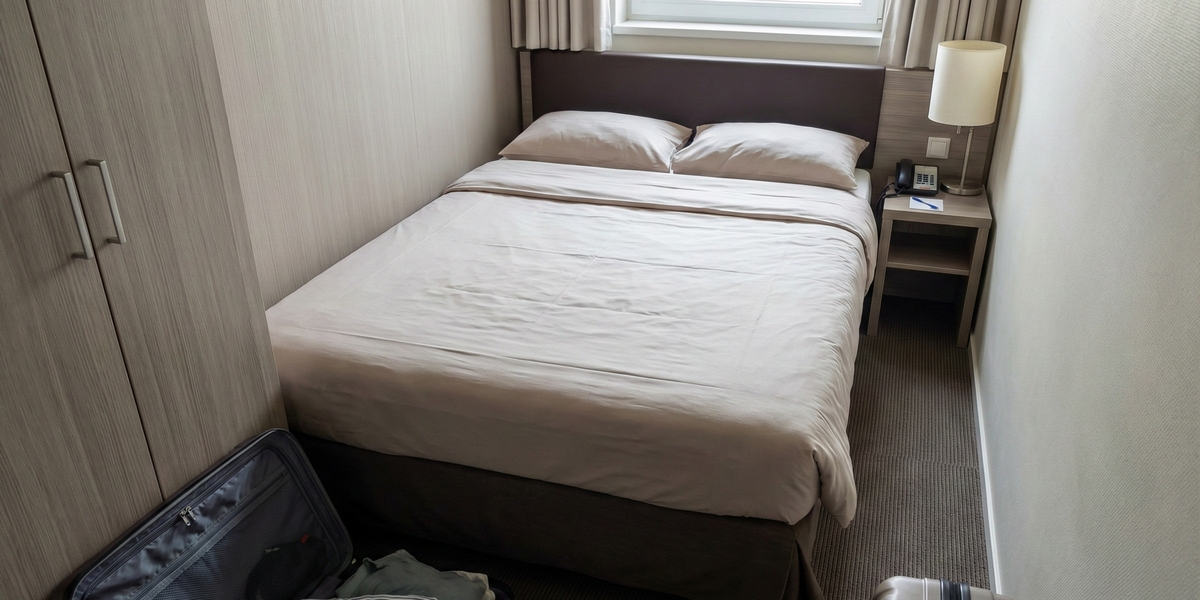 Standard hotel room showing the actual amount of space for two guests