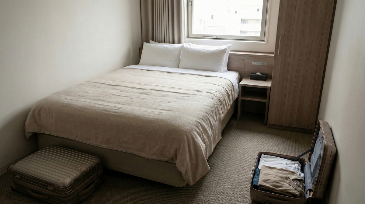 Standard hotel room around 15 square meters with limited space