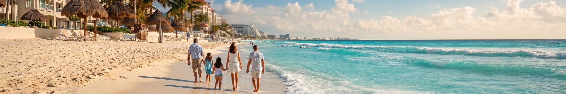 Family trip to Cancun with beach access and a resort area backdrop