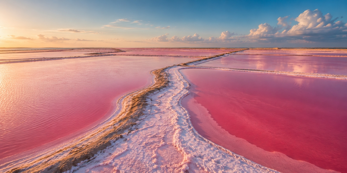 Salt evaporation ponds and white salt mounds at the Las Coloradas salt works in Yucatan