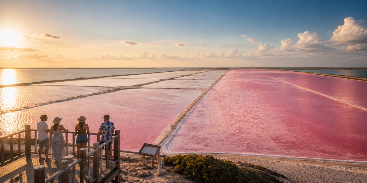 A vivid pink salt lagoon under high midday sun at Las Coloradas, Yucatan