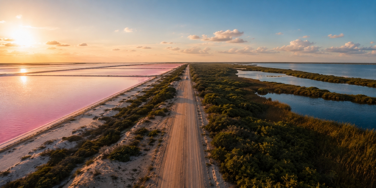 Flamingos wading in the shallow lagoons of the Rio Lagartos Biosphere Reserve near Las Coloradas
