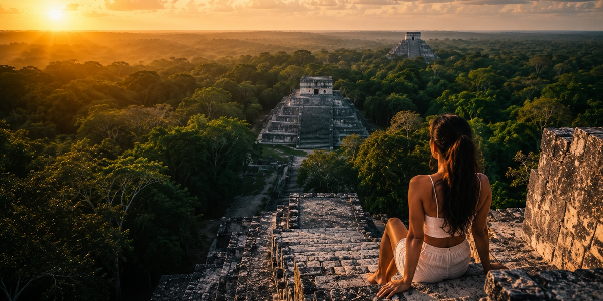 A tall Mayan jungle pyramid with a climbing staircase, like Nohoch Mul at Cobá