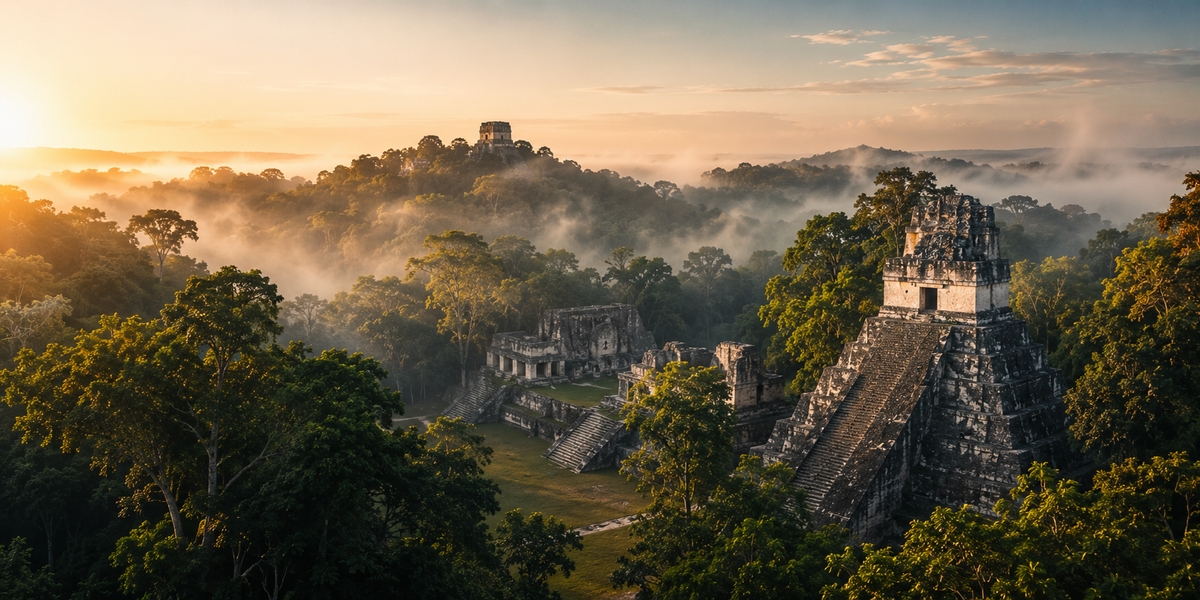 A quieter jungle Mayan ruin with stone structures surrounded by forest, like Cobá or Ek Balam