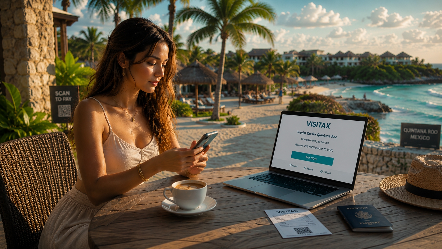 Cancun airport departure area where Visitax payment is checked, illustrating the online tourist tax
