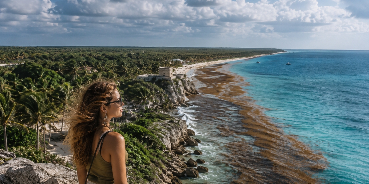 Sargassum piled along an exposed open-Atlantic beach on the Mexican Caribbean
