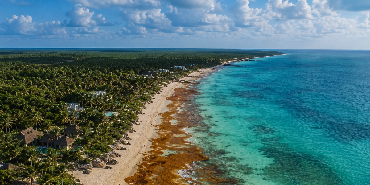 Calm, clearer water on a sheltered Mexican Caribbean shore compared with an exposed coast