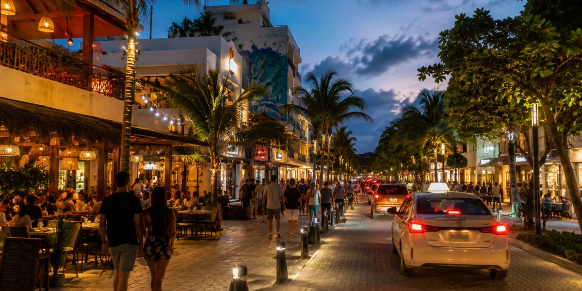 Busy Riviera Maya tourist street at dusk illustrating everyday traveler risks like taxis and crowds