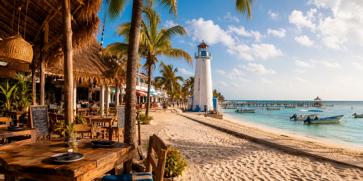 Puerto Morelos village square and low-rise streets near the beach on the Riviera Maya