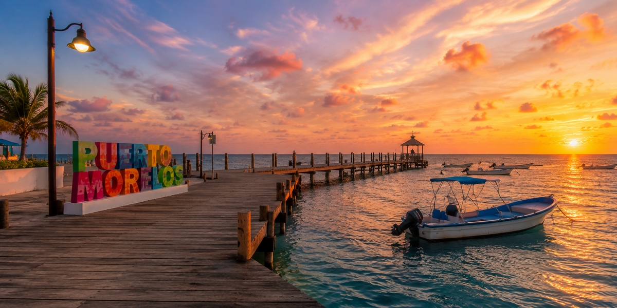 Boats at the Puerto Morelos pier with the highway and reef beyond