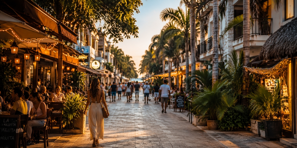 Pedestrian street in Playa del Carmen with cafes and shops, an easy environment for a solo traveler