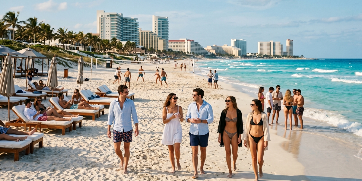 Crowded Cancun Hotel Zone beach and pool party scene during peak spring break