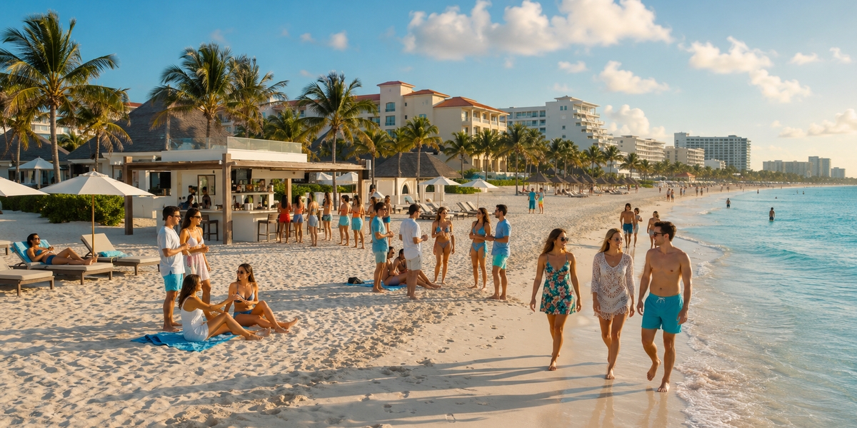 Cancun Hotel Zone beach lined with resorts, busy under bright Caribbean sun in spring