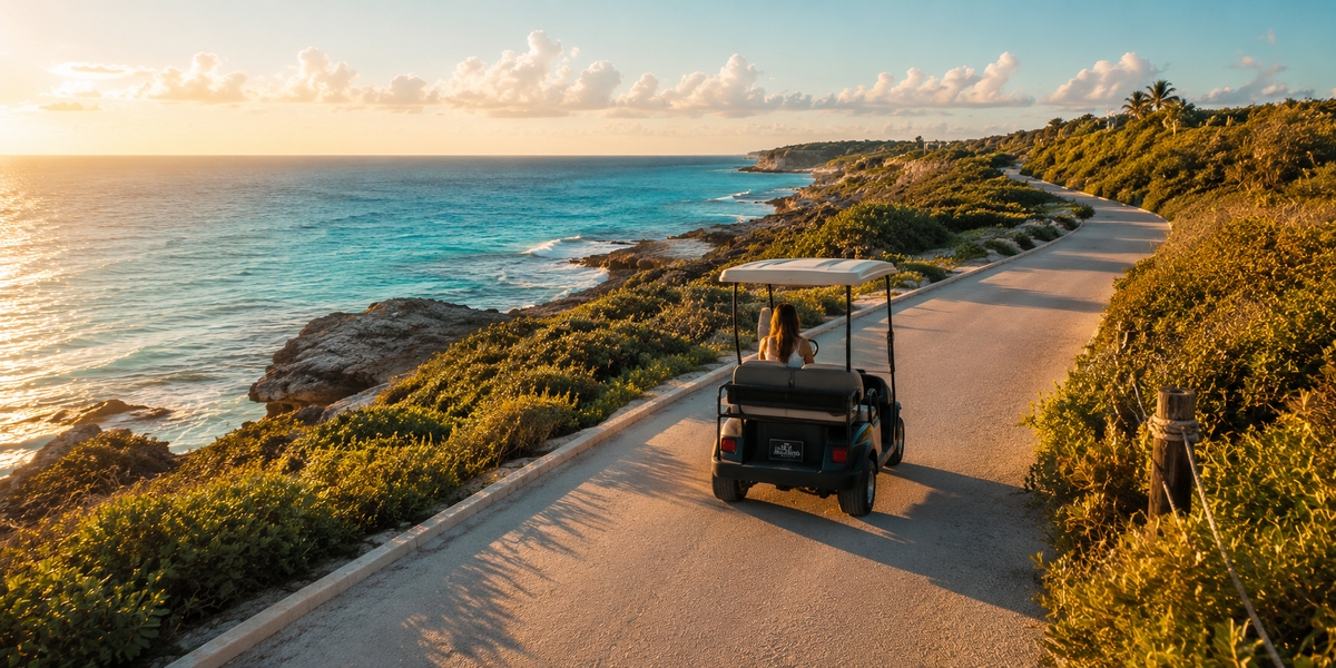 Golf cart on a quiet road heading toward the southern end of Isla Mujeres near Punta Sur