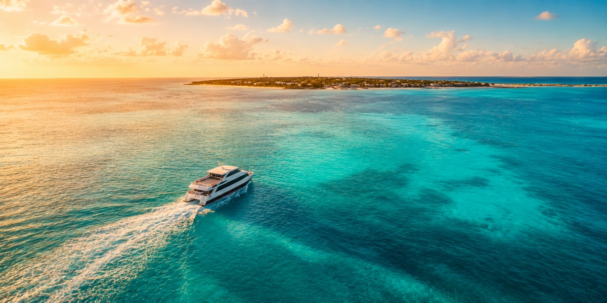 Ultramar passenger ferry crossing between Cancun and Isla Mujeres on calm water