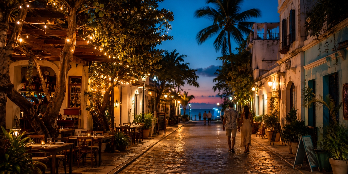 Evening street in the town center of Isla Mujeres after the day-trip ferries have left