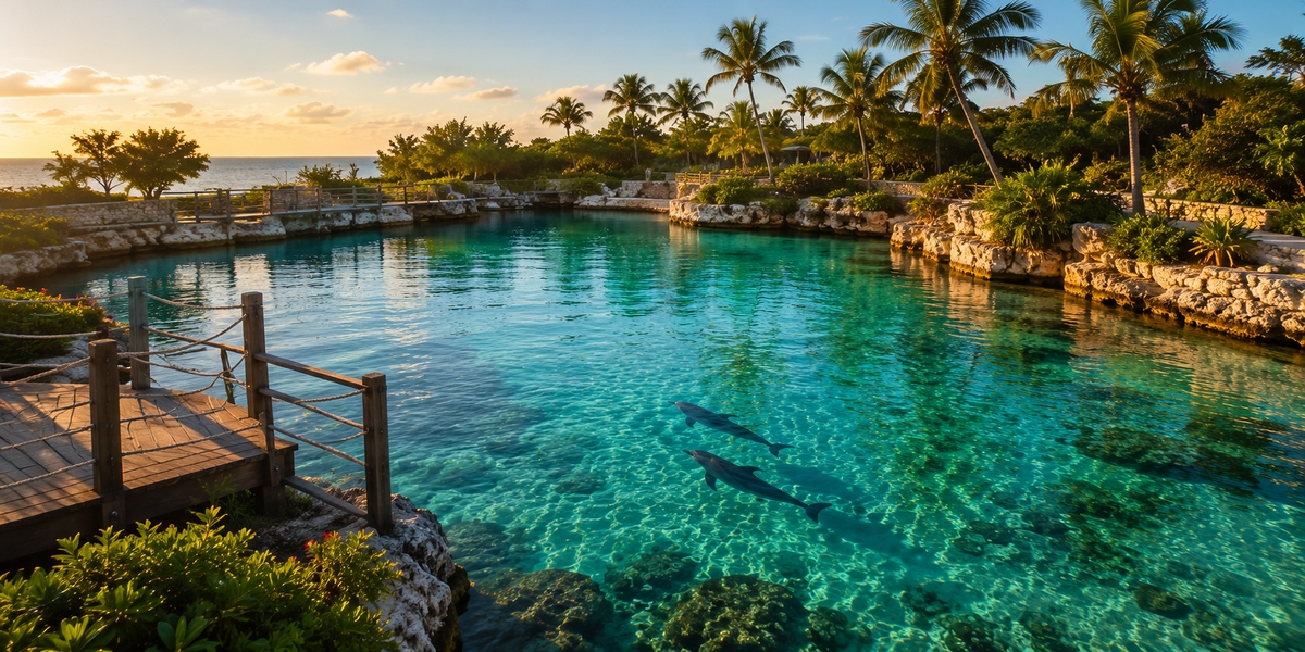 A calm man-made lagoon of the kind used for dolphin swim programs in the Riviera Maya