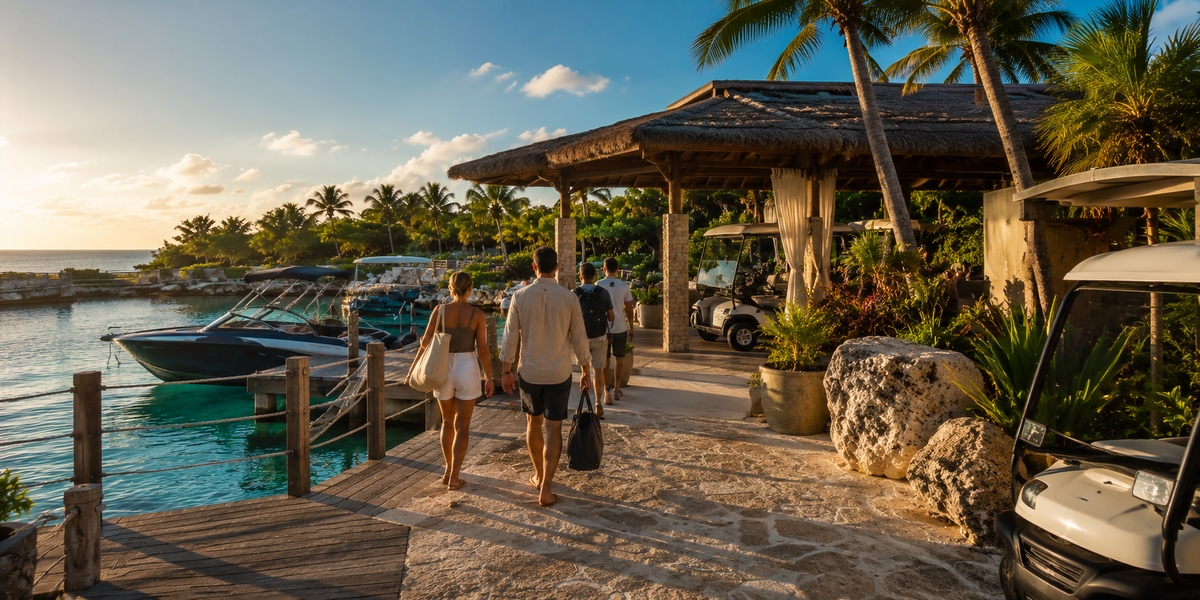 Travelers near a Riviera Maya marine park where dolphin swim packages carry several add-on costs