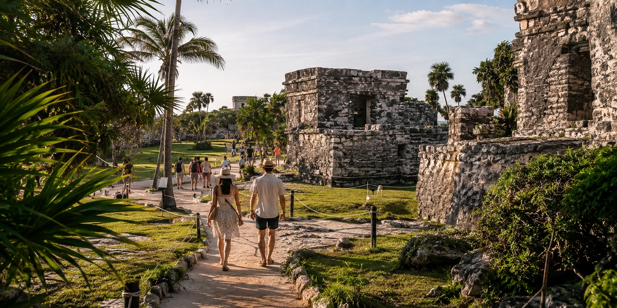 Stone structures and walking paths inside the Tulum archaeological site