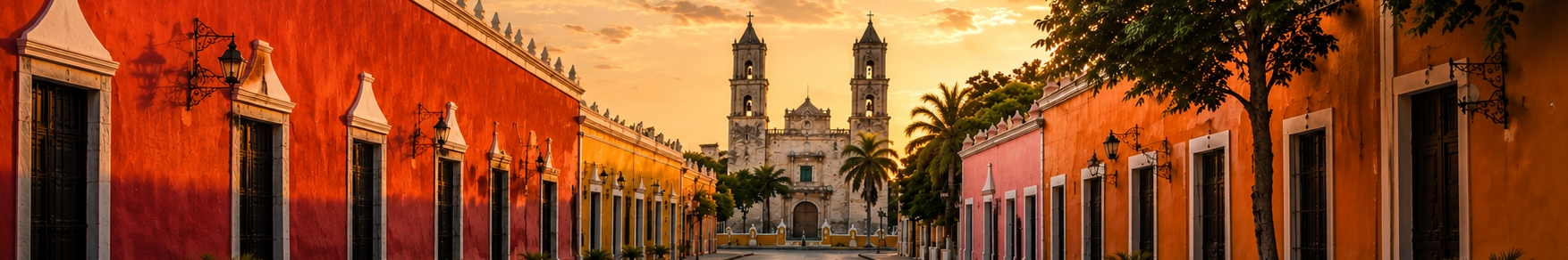 Pastel colonial facades and a stone church on a quiet street in Valladolid, Yucatan