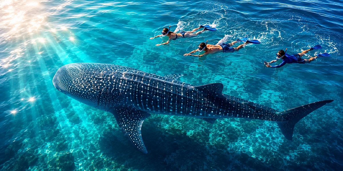 Snorkeler in open Caribbean water near a tour boat off Isla Mujeres