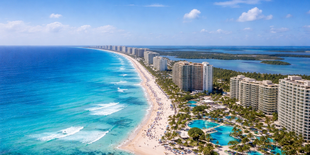 Cancun Hotel Zone beach with white sand and turquoise Caribbean water