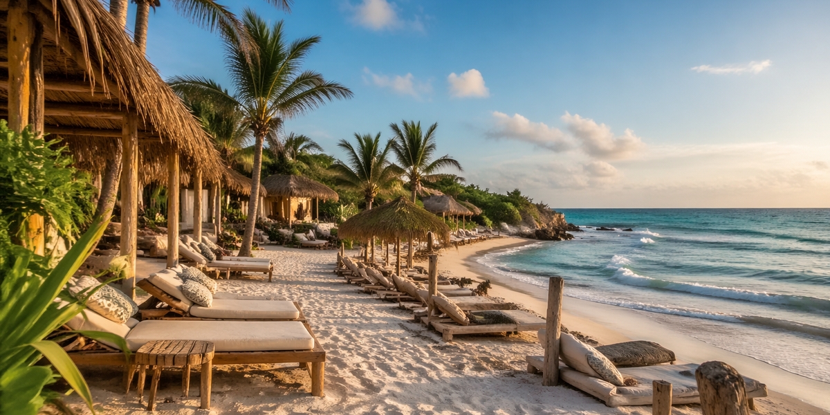 Tulum Beach Zone atmosphere — beachfront hotels and beach clubs along the coastal road
