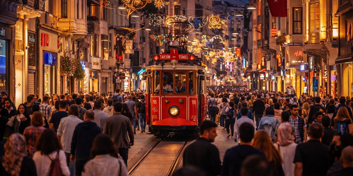 Istiklal Avenue and Taksim area at night in Istanbul