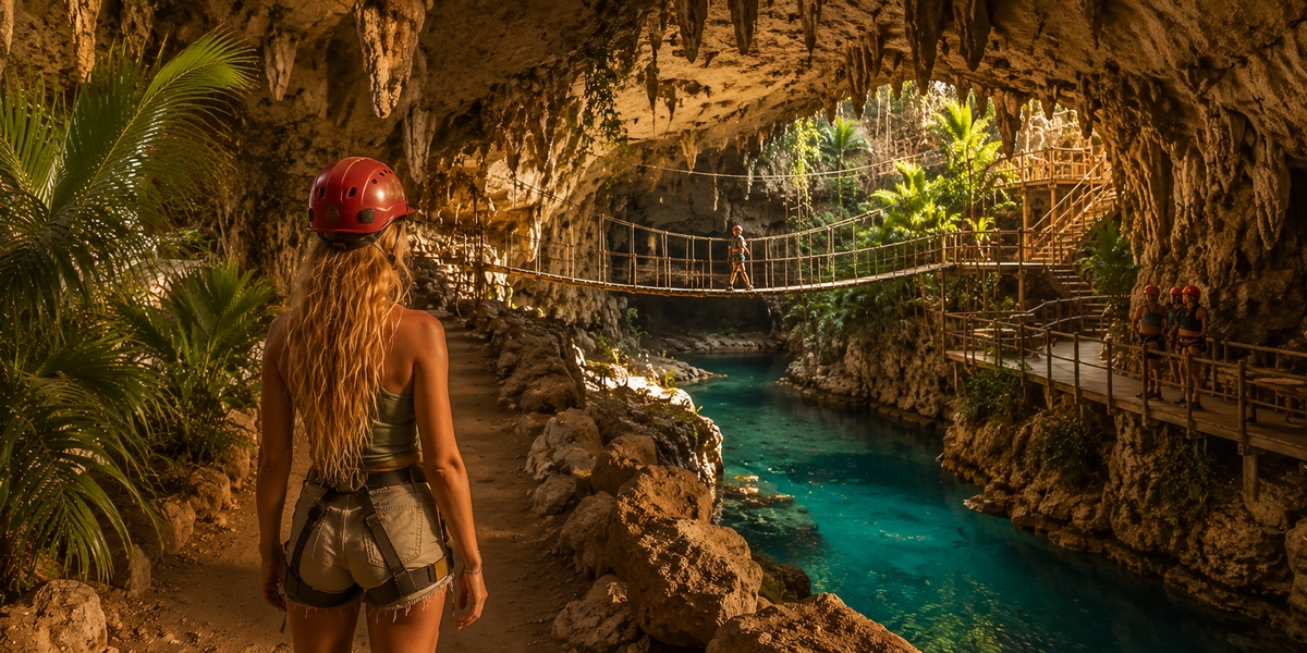 Jungle adventure setting with zip-line and underground river, the Xplor style